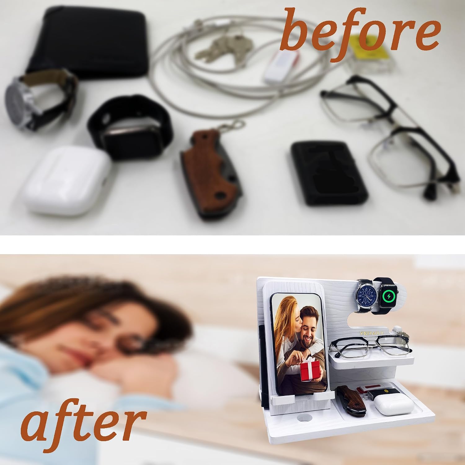 VEIYAILU Gifts for Women Girlfriend Men Him Husband Boyfriend Son Boss Wood Phone Docking Station Nightstand Organizer