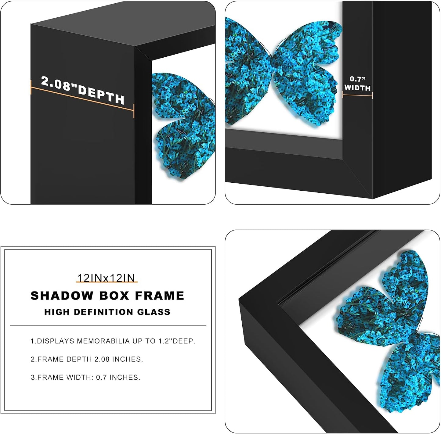 12x12 Black Wooden Shadow Box Frame, 1.2" Deep, Tempered Glass | Black Backboard, Tabletop & Vertical/Horizontal Wall
