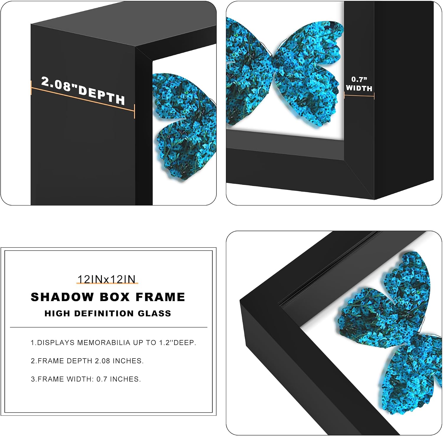 12x12 Black Wooden Shadow Box Frame, 1.2" Deep, Tempered Glass | Black Backboard, Tabletop & Vertical/Horizontal Wall