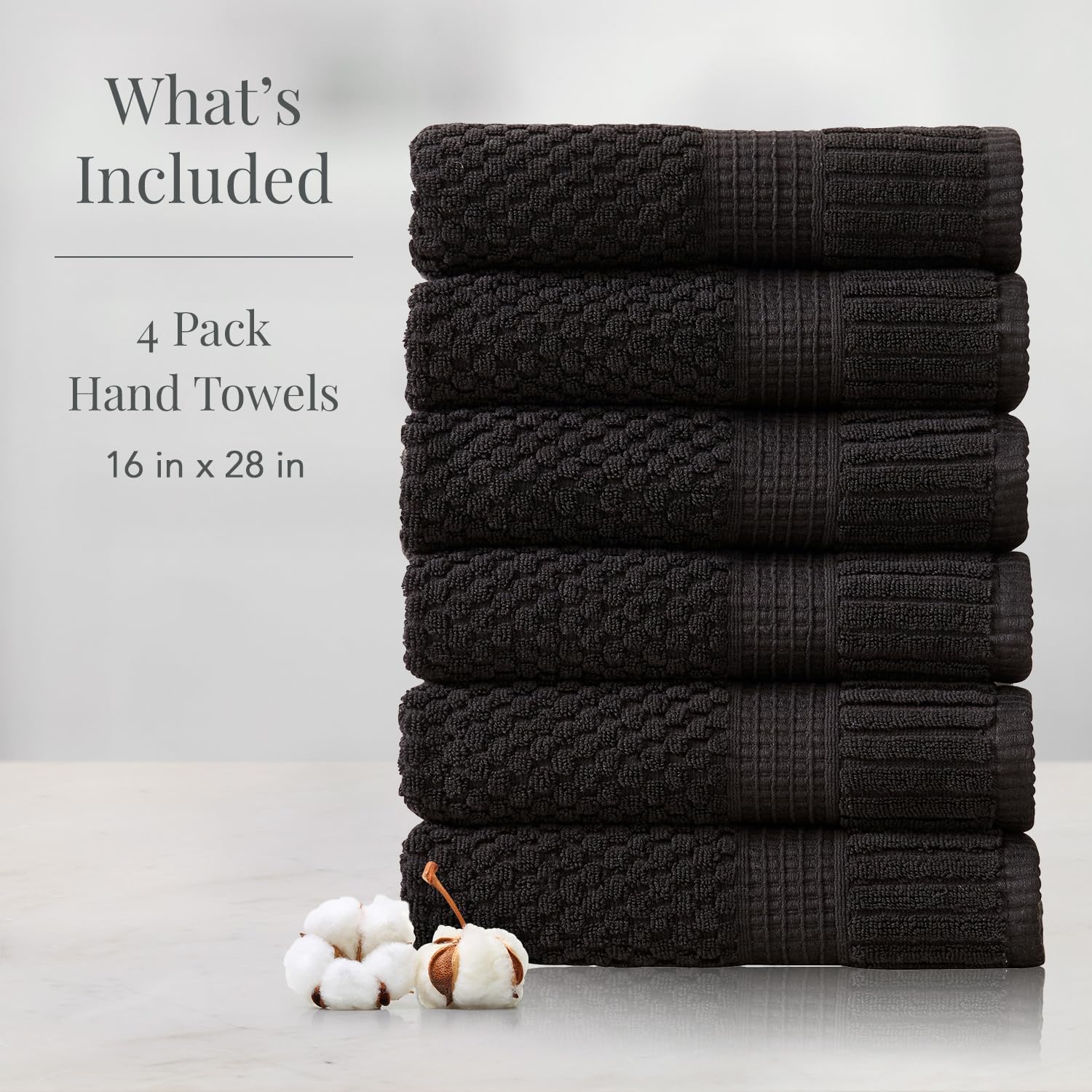 NY Loft 100% Cotton 6-Pack Hand Towel Set | Black | Oeko-TEX | Quick-Dry | Six 16" x 28" Hand Towels | Super Absorbent