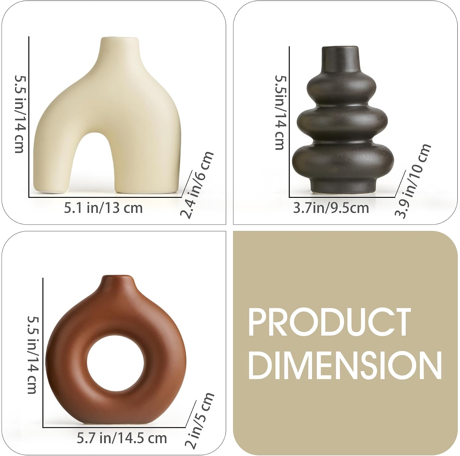 Modern Ceramic Decorative Vase / Cream Matte and Brown / Set of 3