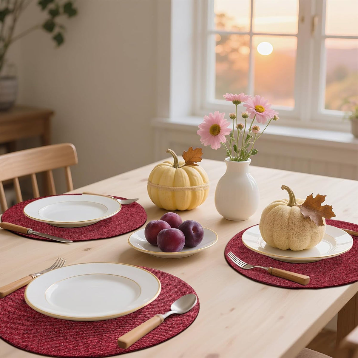 Cotton Linen 15 Inch Round Cloth Place mats, Set of 6, Red | Washable Table Mats, Heat Resistant, Reversible, Wipeable