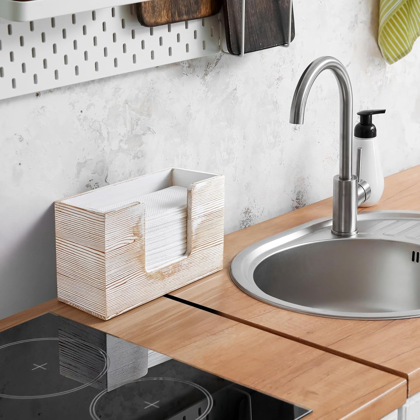 Paper Towel Dispenser Countertop, White Washed Wood Bathroom Paper Towel Holder, Napkin Holder for Kitchen, Countertop