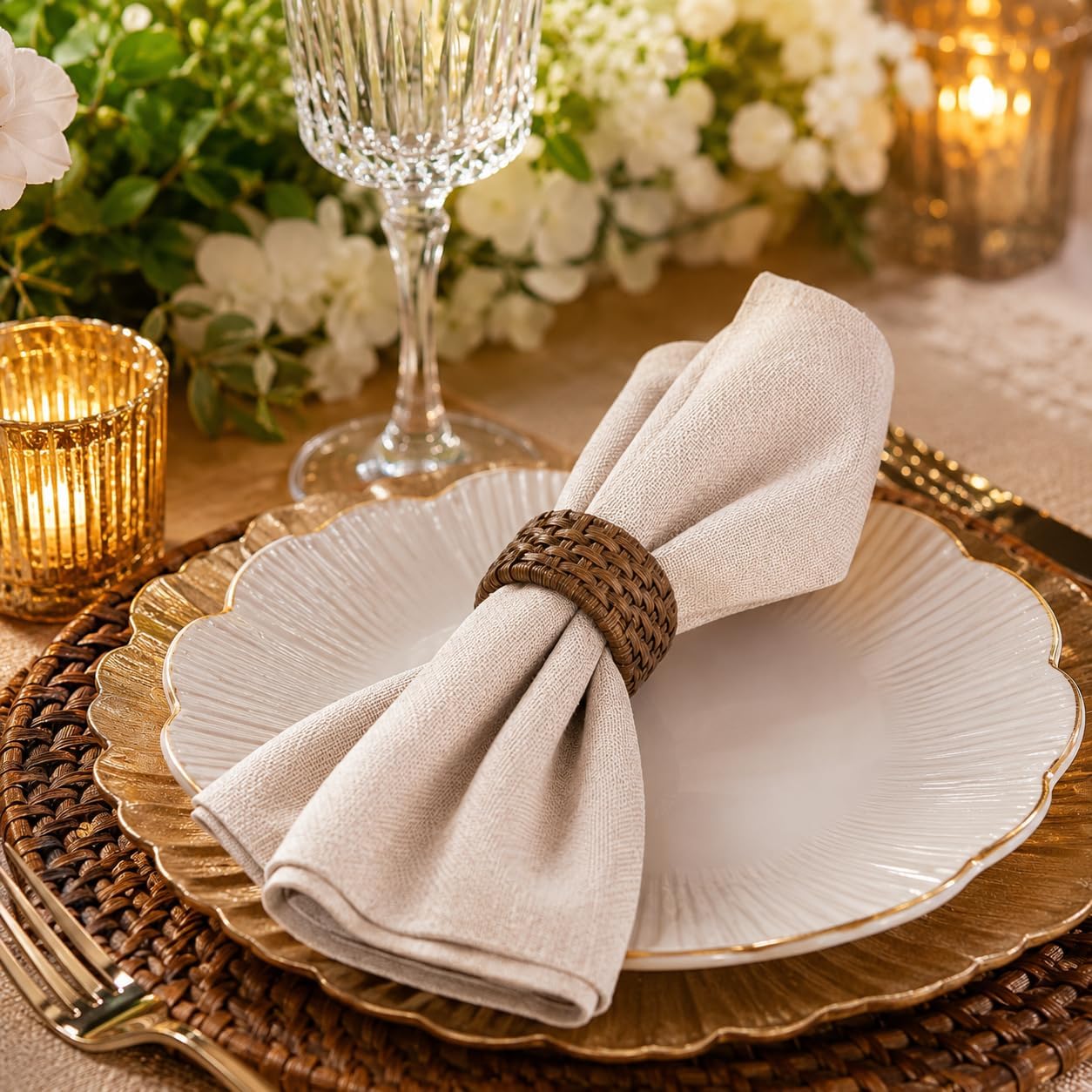 Jute Cane Napkin Rings, Woven, 12-Pack, Walnut | Plastic & cane, 2.25x2.25x1.5 in each, reusable, farmhouse, boho