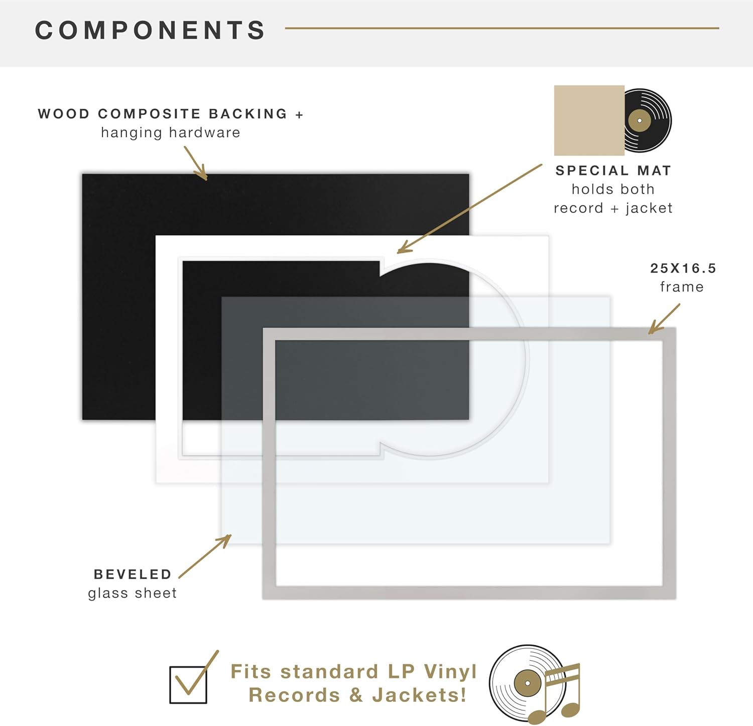 MCS Double Matted Record Album Frame, 16.5x25, Gray | Double Matted Frame Displays Vinyl LP Record And Jacket For Album