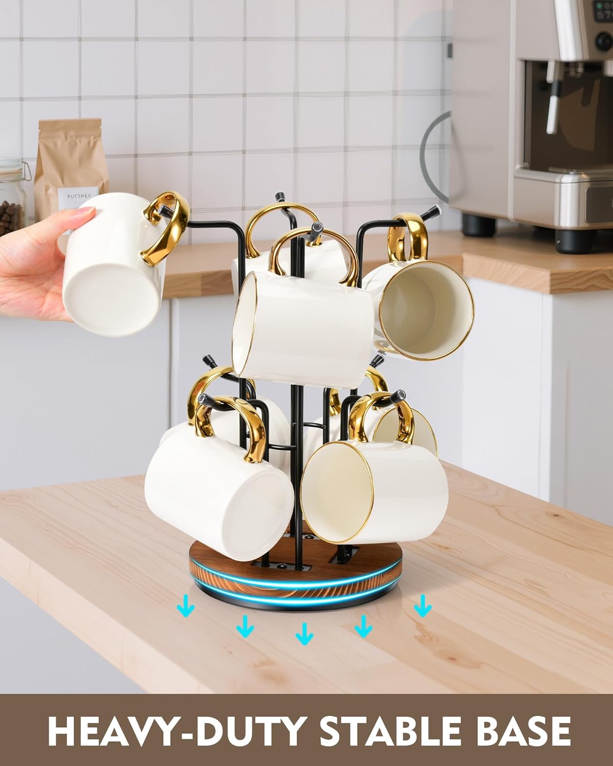 HULISEN 360° Rotating Mug Tree, Coffee Mug Holder for Large Cups, 8 Hooks | Cup Holder for Countertop, Stable Wooden