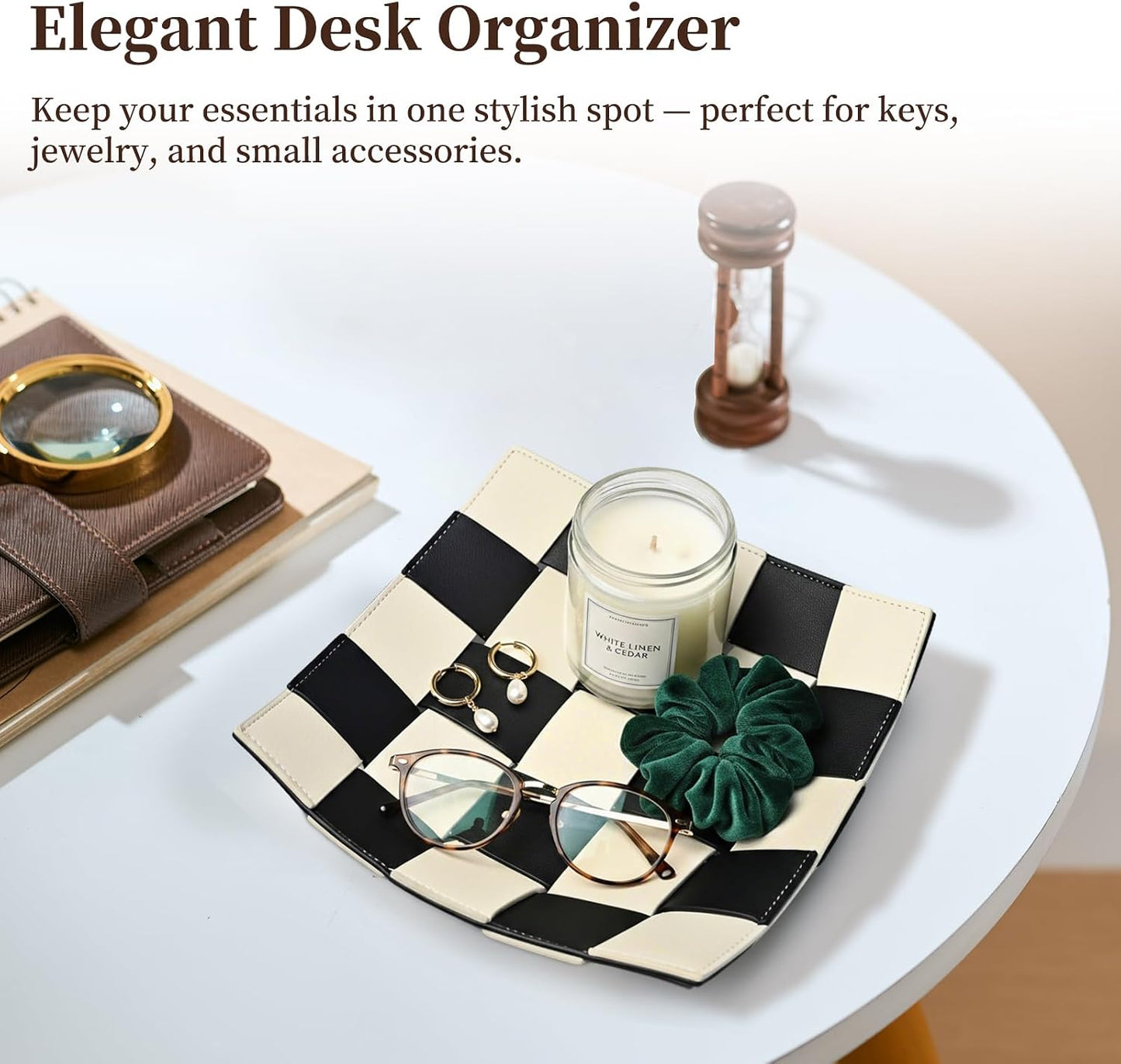 Black and White Checkered Valet Tray PU Leather Key Holder Bowl / Black and White Checkerboard