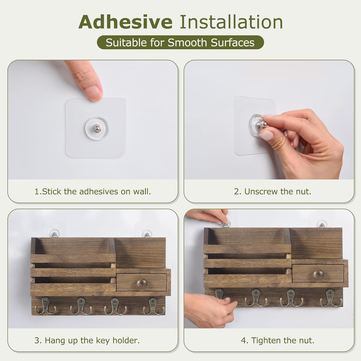 Wooden Adhesive Mail and Key Organizer / Brown