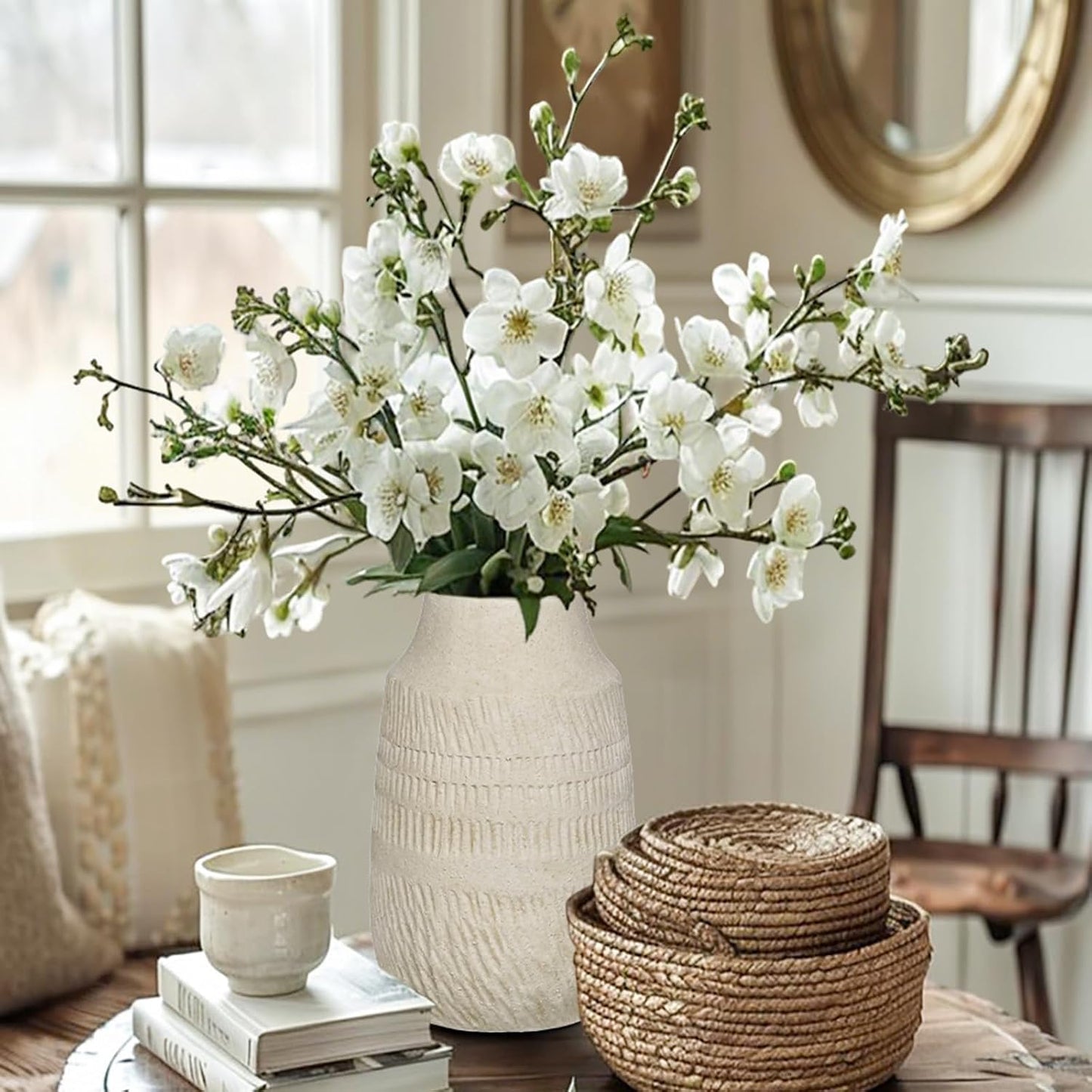 Rustic Ceramic Vase for Mediterranean / 9" Beige White