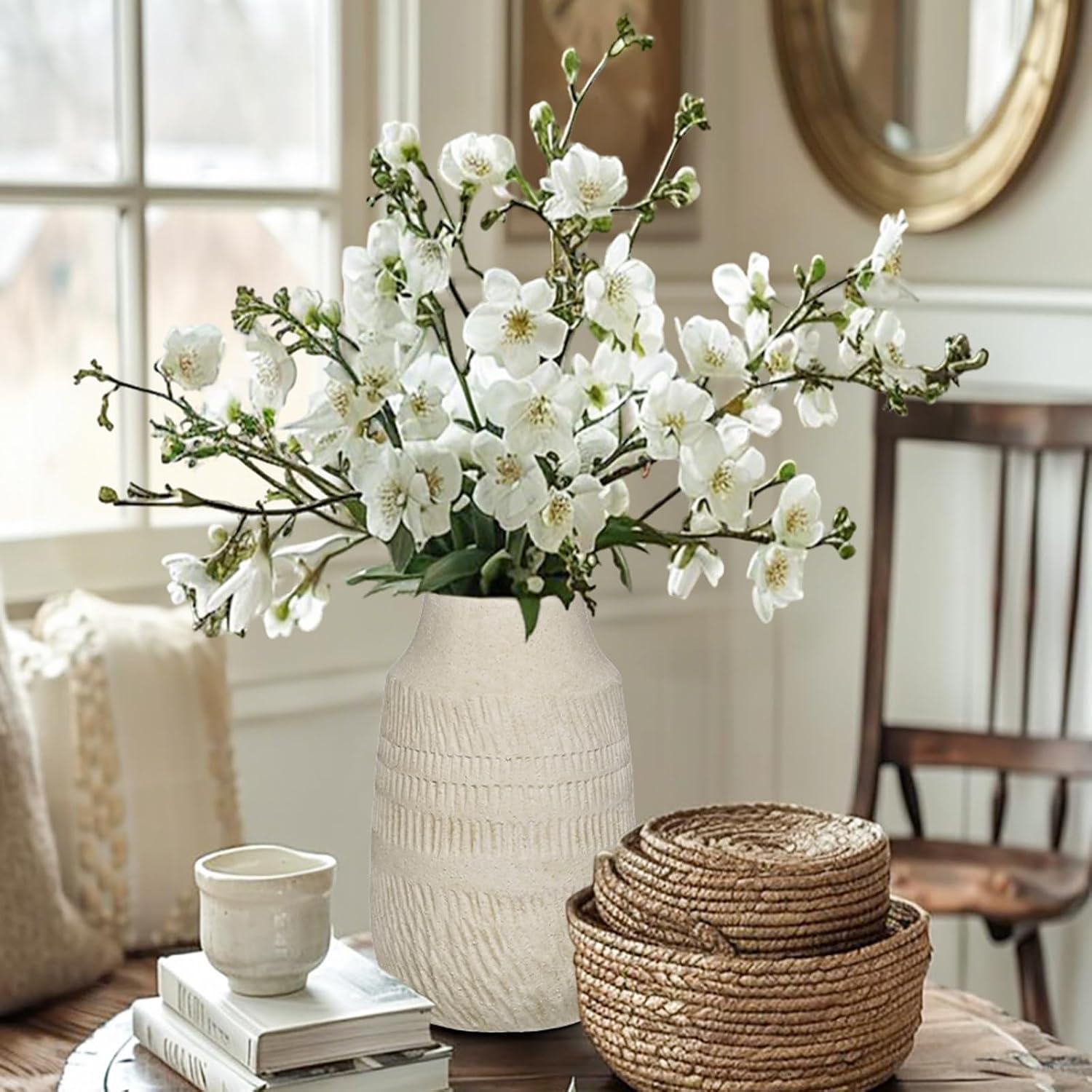 Rustic Ceramic Vase for Mediterranean / 9" Beige White