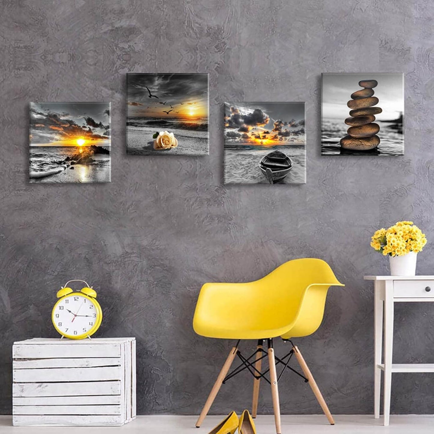 Black and White Gold Beach Wall Art Ocean Canvas / Ablack and White / 12 x 12 / Inches x / Set of 4