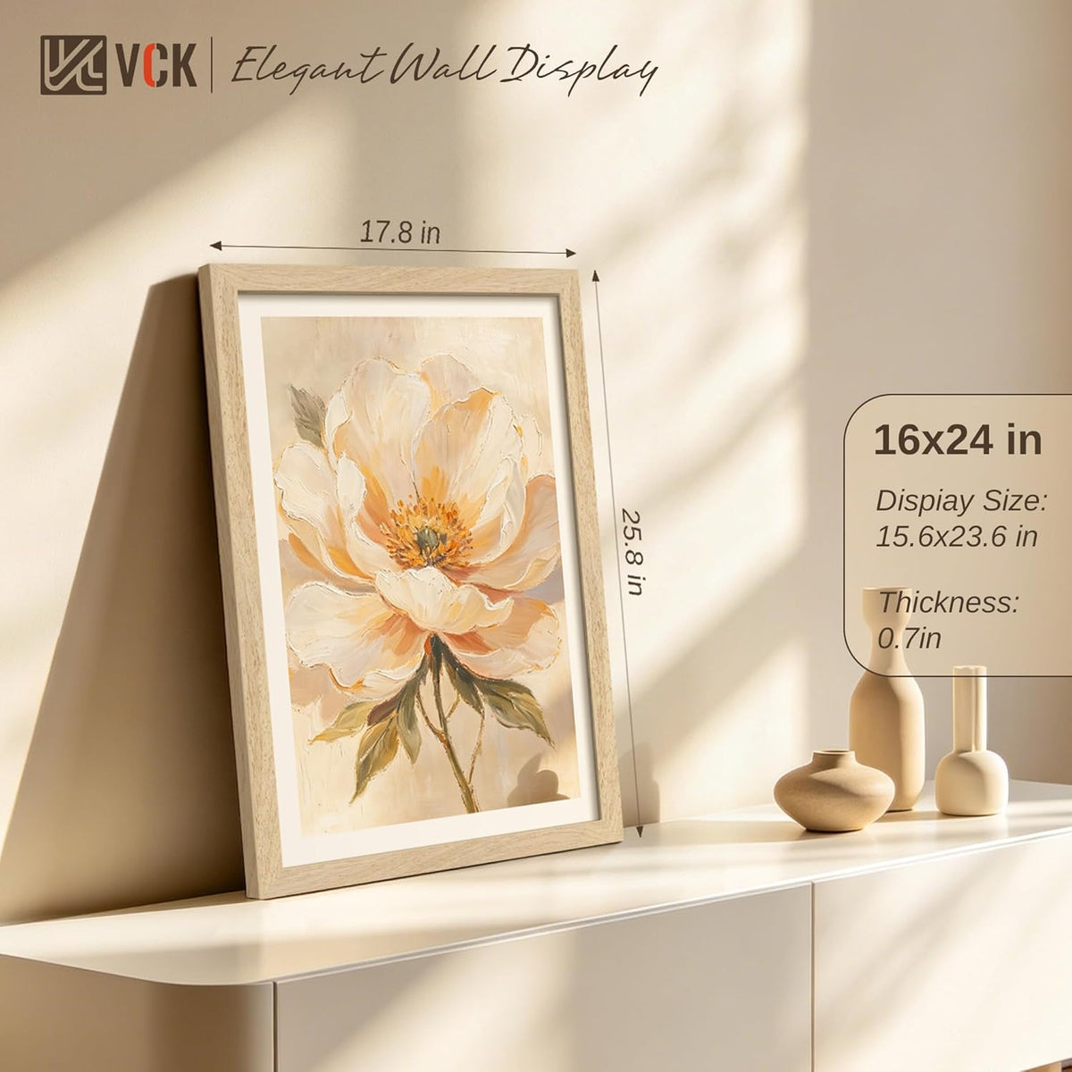 VCK 16x24 Picture Frames Set of 6, Natural Solid Wood, Wall Hanging | Wide Border, Light Woodgrain, Shatterproof