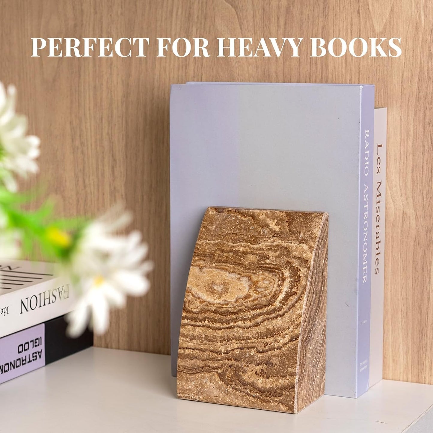 Travertine Bookends / Non-Slip Heavy Duty Book Stopper / Sail-brown Travertine