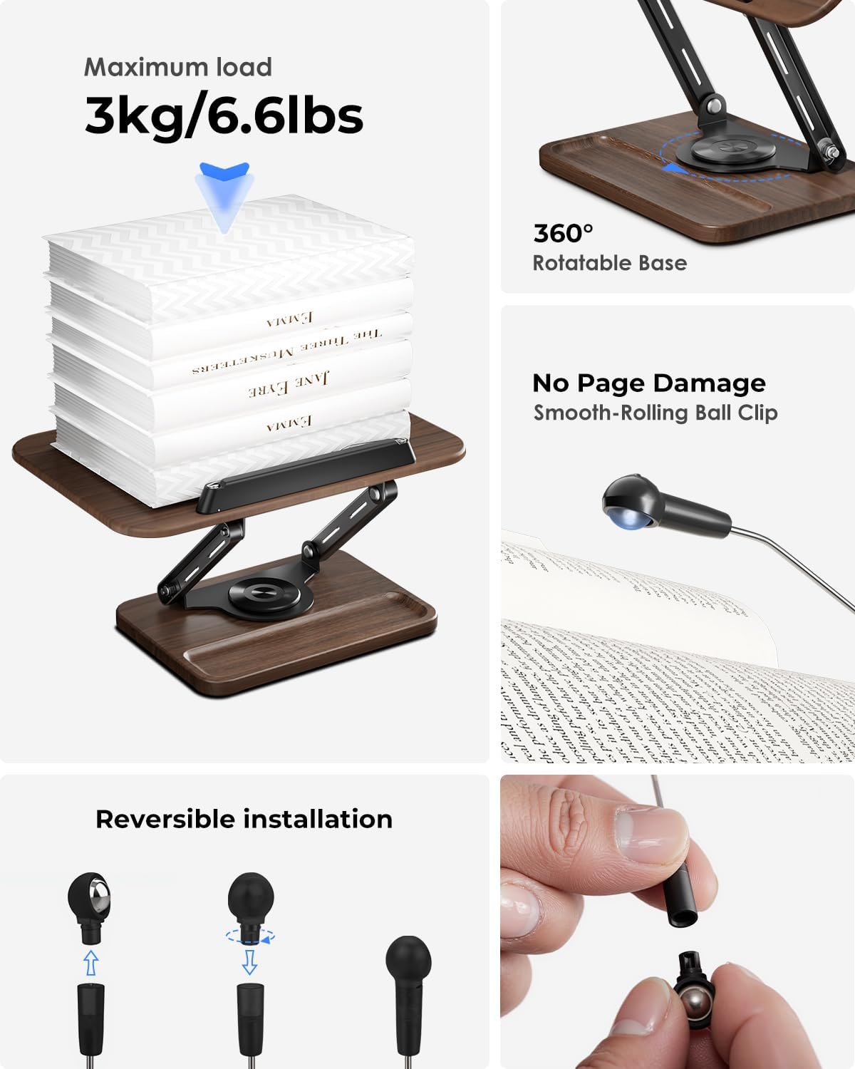 Viozon Book Stand for Reading, Book Holder 360° Rotating Base with Pen Slot, Foldable Reading Display Stand with