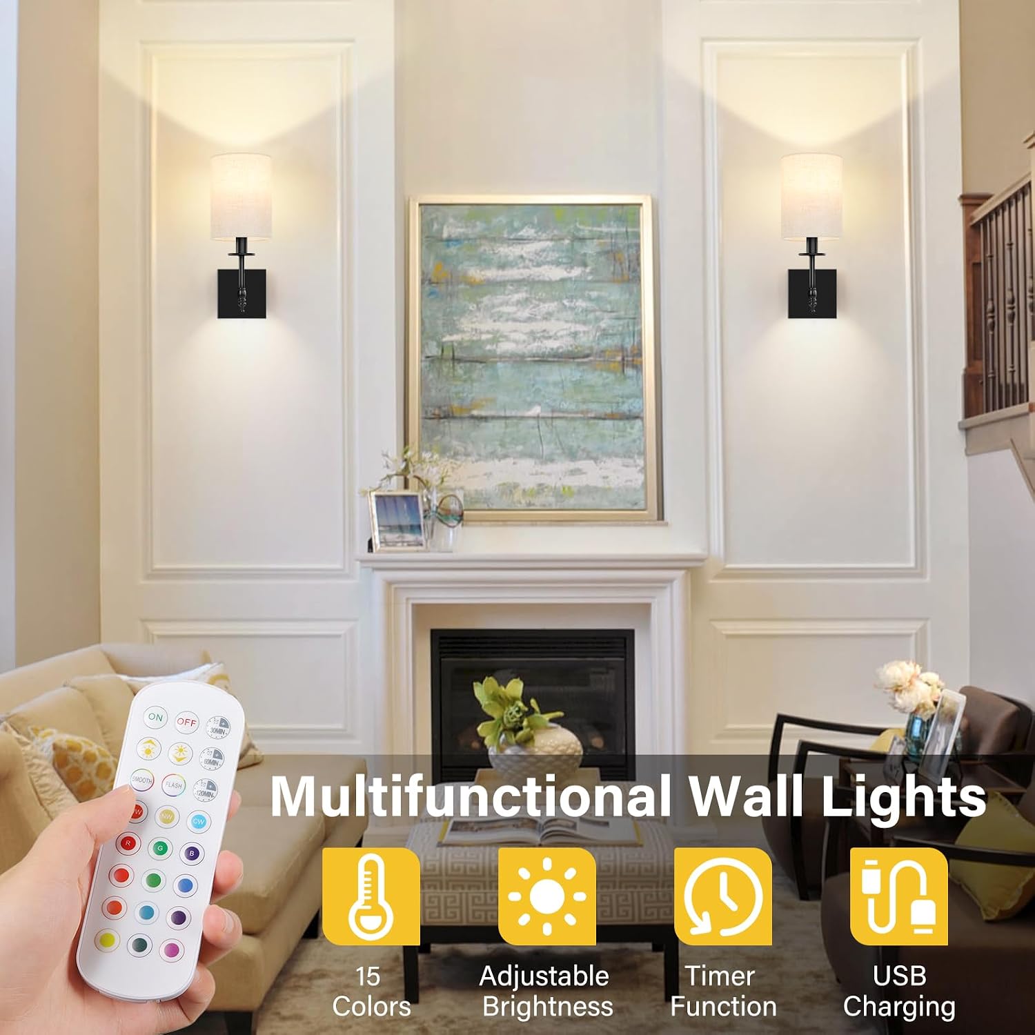 14 inch Battery Operated Wall Sconces Set of 2 with Remote, Rechargeable Wireless Wall Lights with Beige Fabric Shade