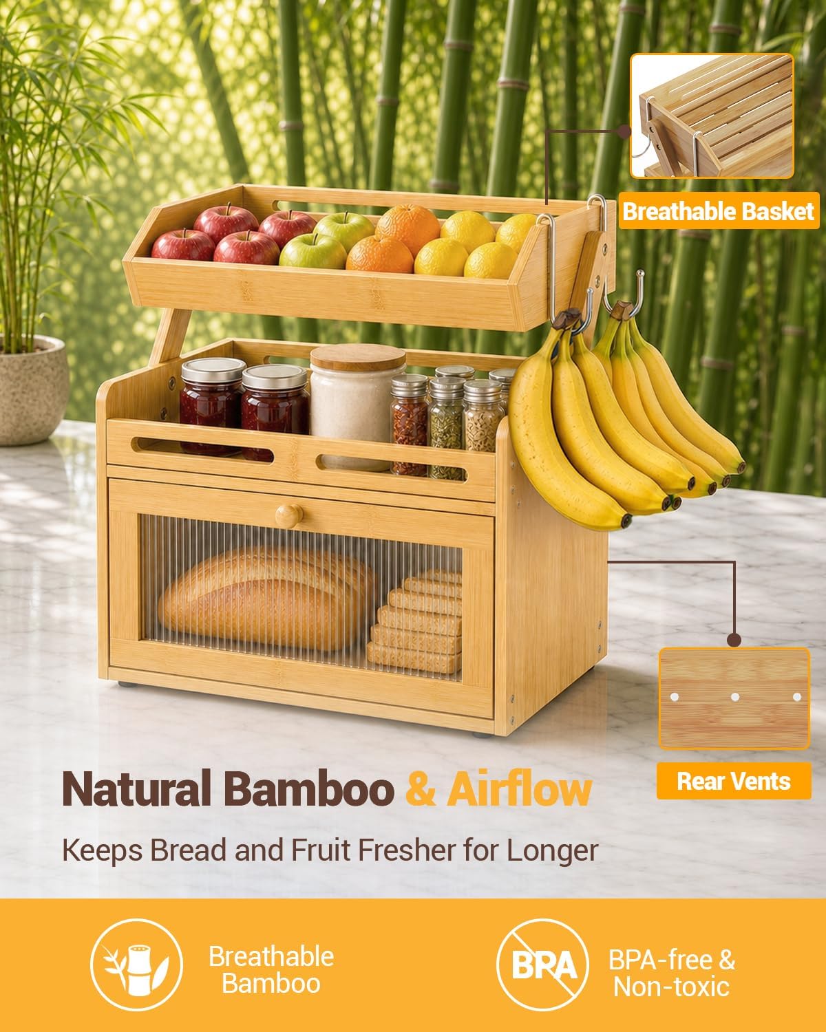 Bread Box for Kitchen Countertop, Bamboo Bread Storage with Fruit Basket | Raised-Rail Shelves, 2 Banana Hooks, Clear