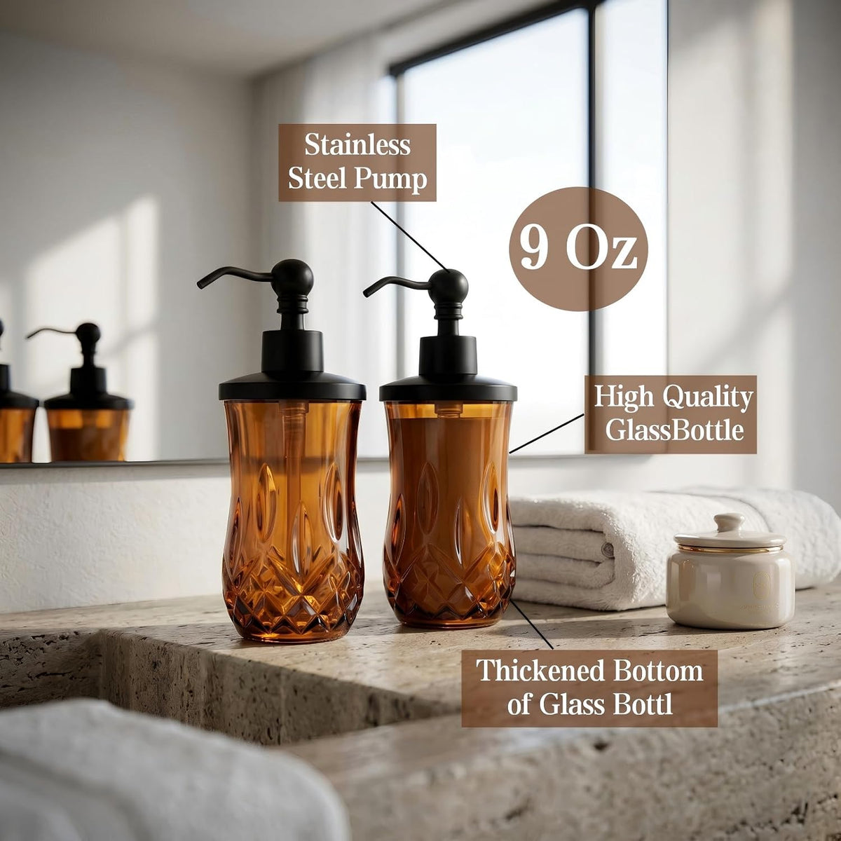 2 Pack 9Oz Amber Soap Dispenser, Round Thick Glass | Featured texture pattern, for lotion,hand soap or body wash for