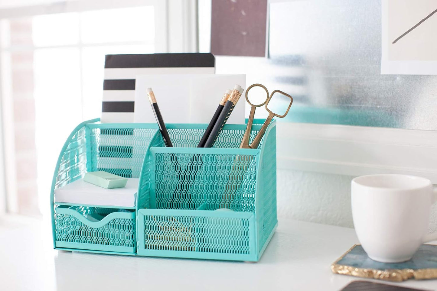 BLU MONACO Aqua Desk Organizer | Metal Turquoise Stationery Holder With Drawer and Compartments | Desktop Storage for