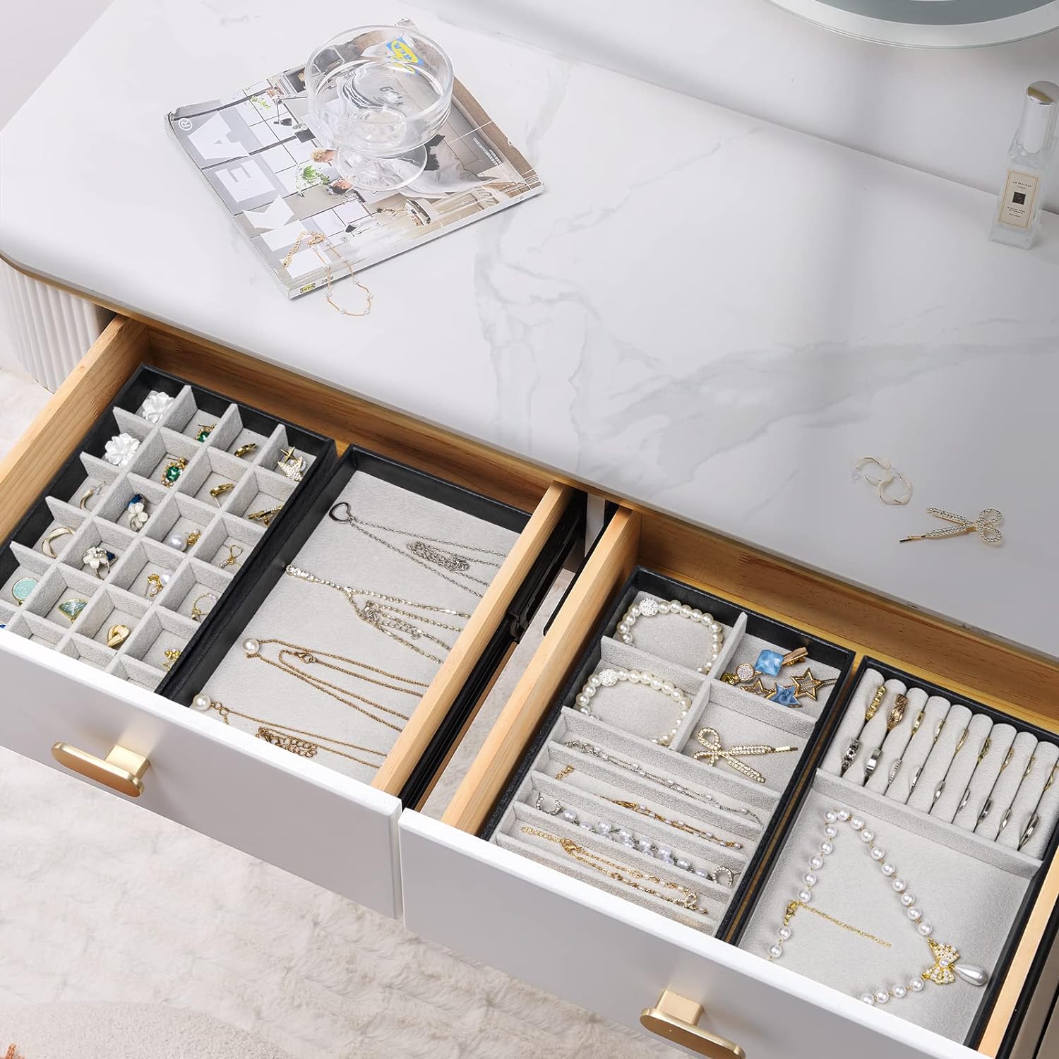 Stackable Jewelry Organizer Trays for Drawers / 4 Layers / Black