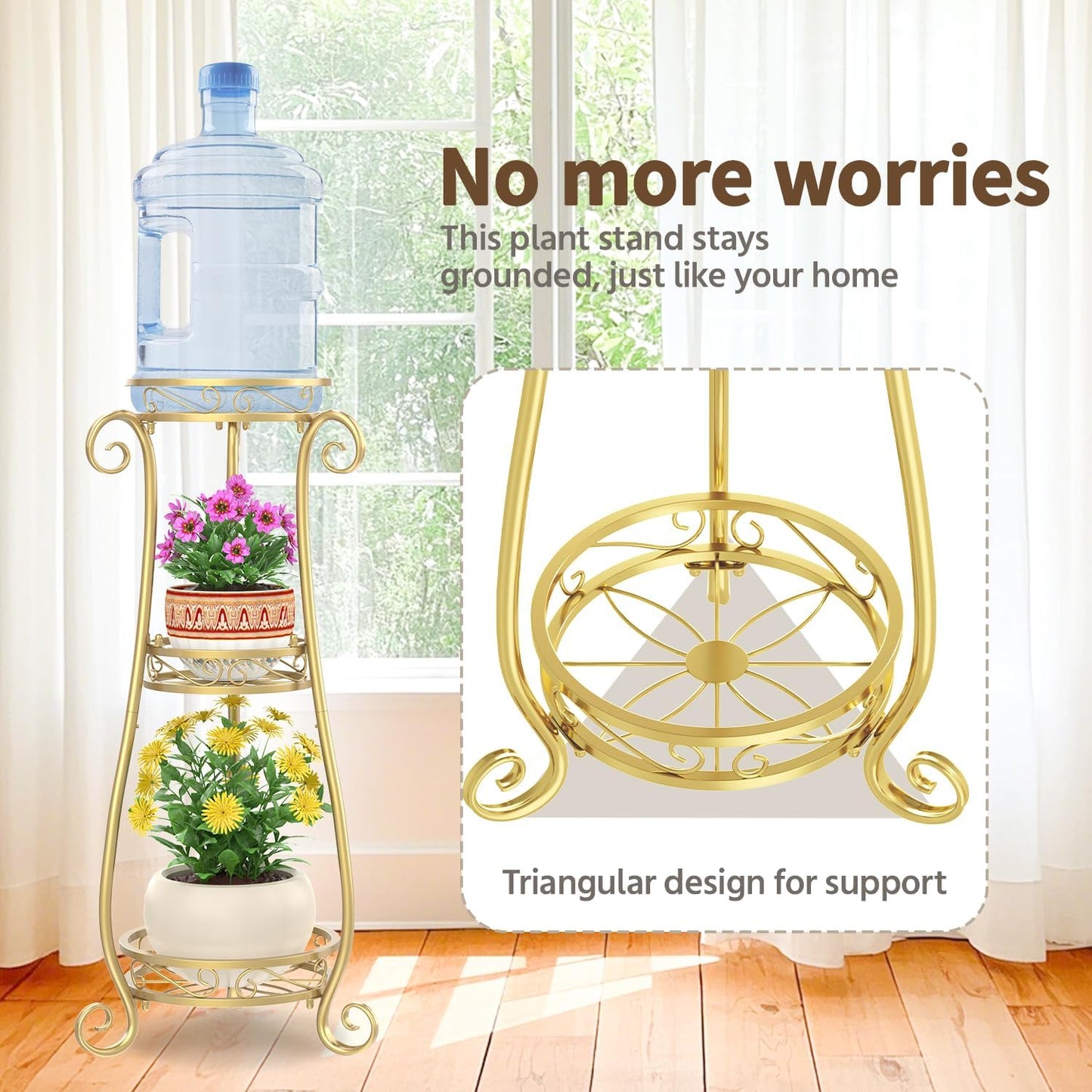 LASZOLA 3 Tiers Metal Corner Plant Flower Stand Tall Indoor Outdoor, Gold | Heavy Duty Small Holder Shelf for Multiple