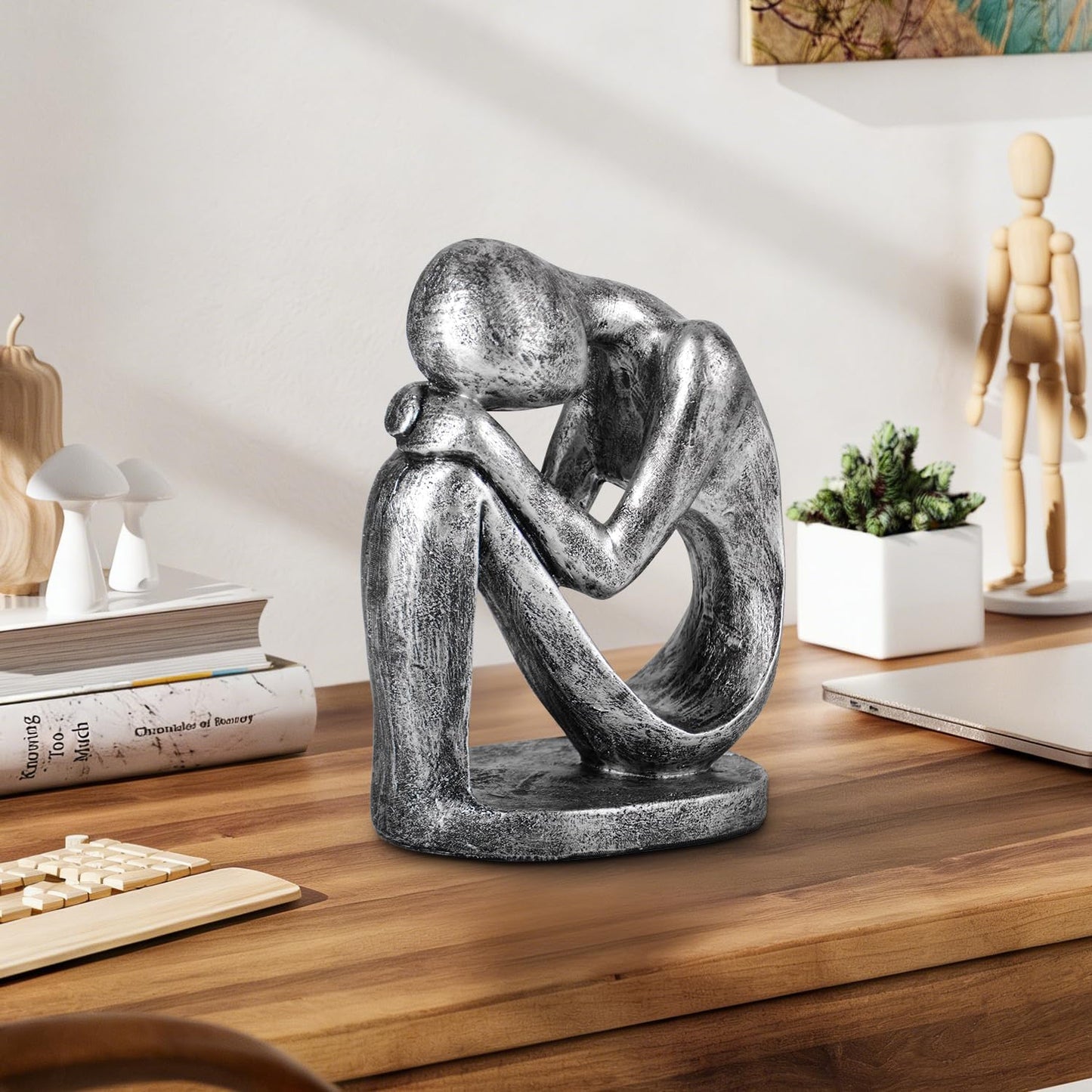 Modern Figurine / Resin Thinker Statue Abstract Art Sculpture / Vintage Silver