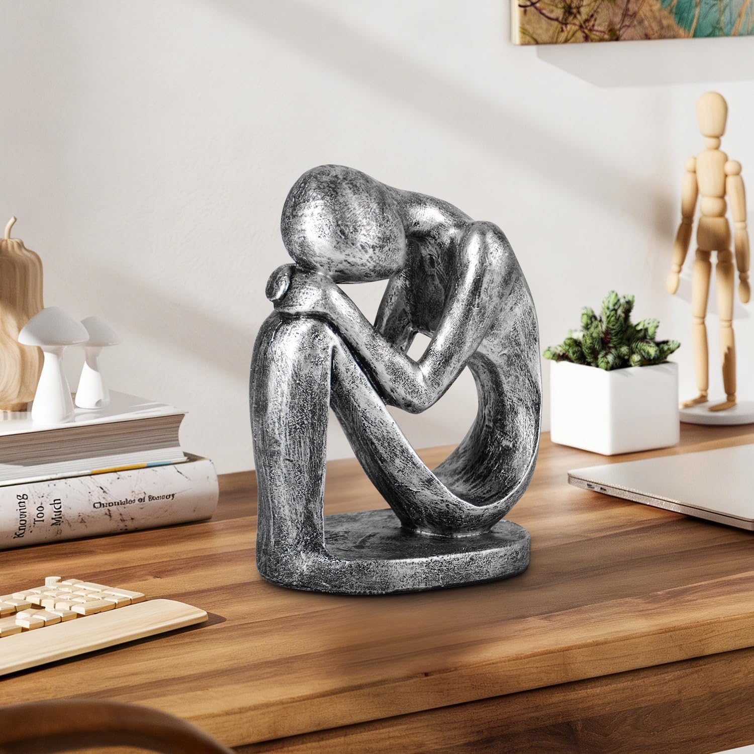 Modern Figurine / Resin Thinker Statue Abstract Art Sculpture / Vintage Silver