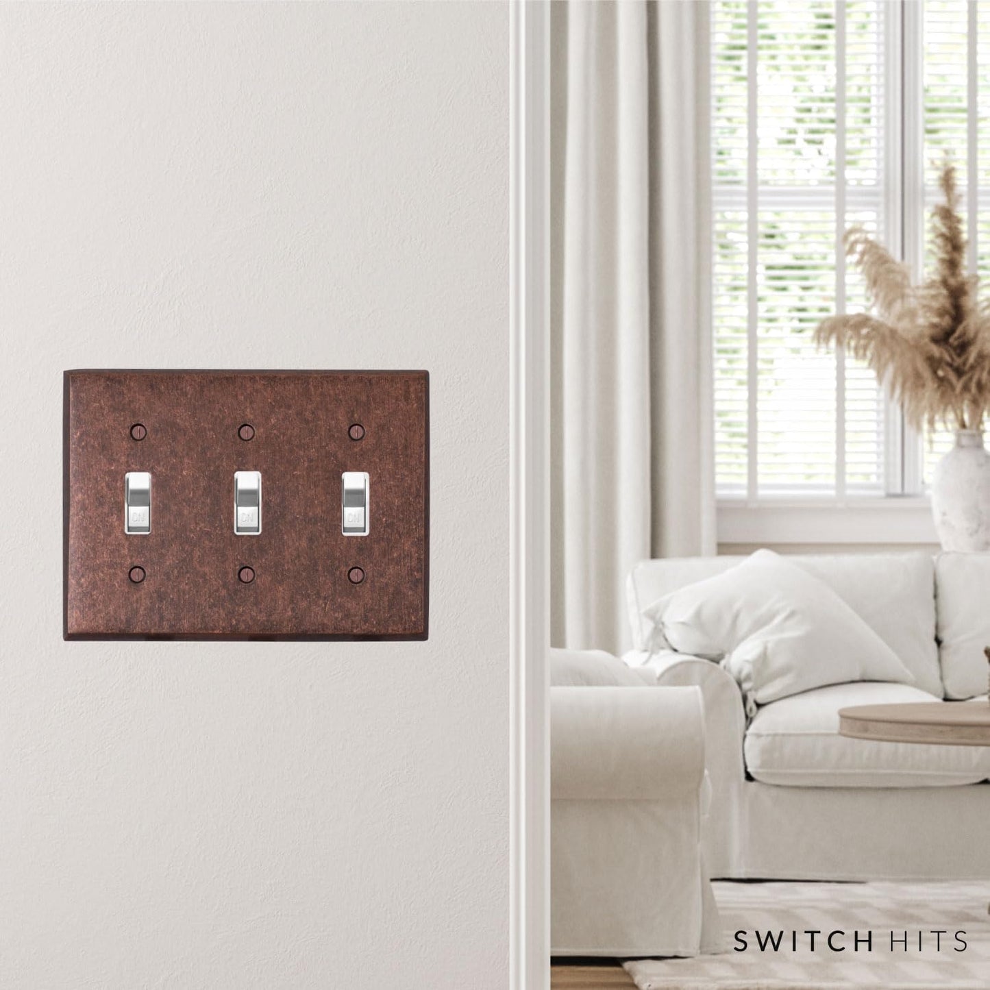 Mottled Antique Copper Outlet Wall Plate | 3 Toggle | 6.25" x 4.5" | Hand-Polished Brass Construction | Electrical