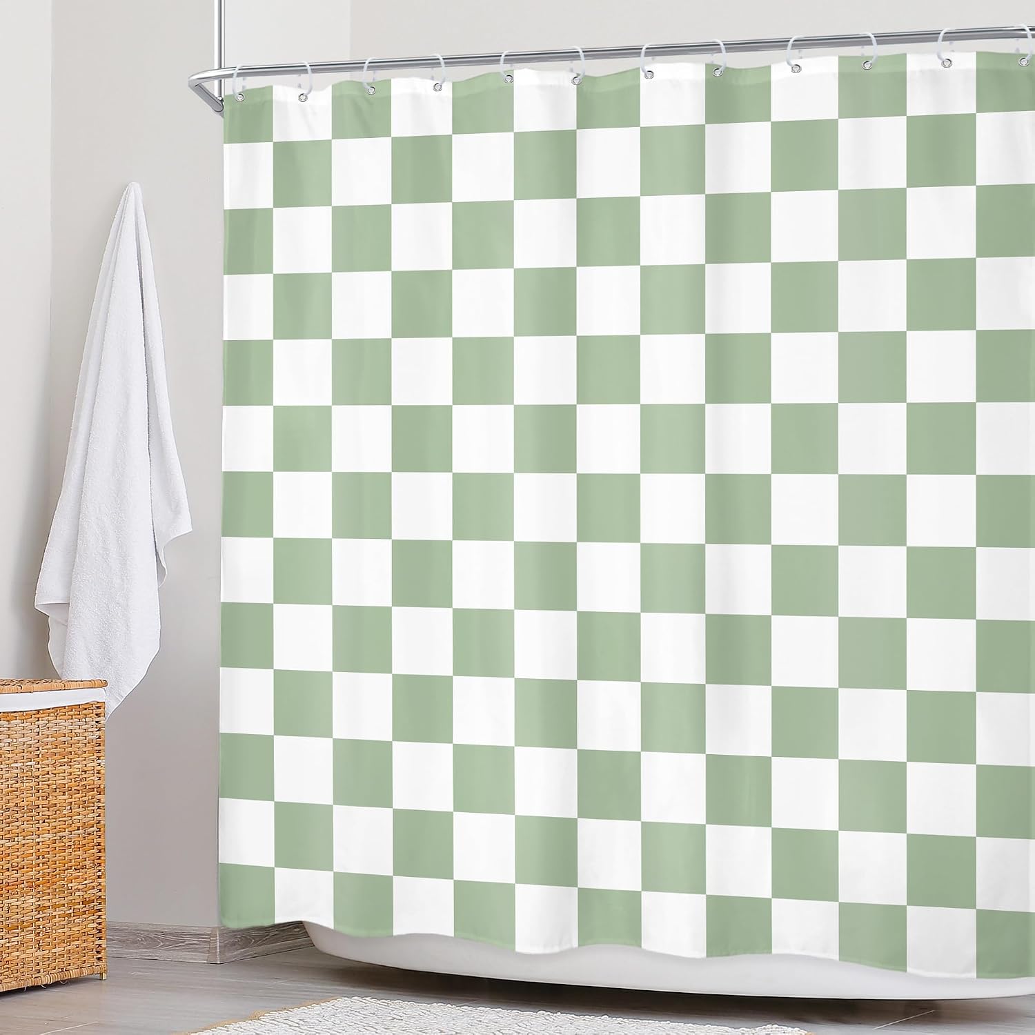 Sage Green White Checkered Shower Curtain L Abstract Y2K / 02 Green White / 72"W x 72"L / 72 x 72