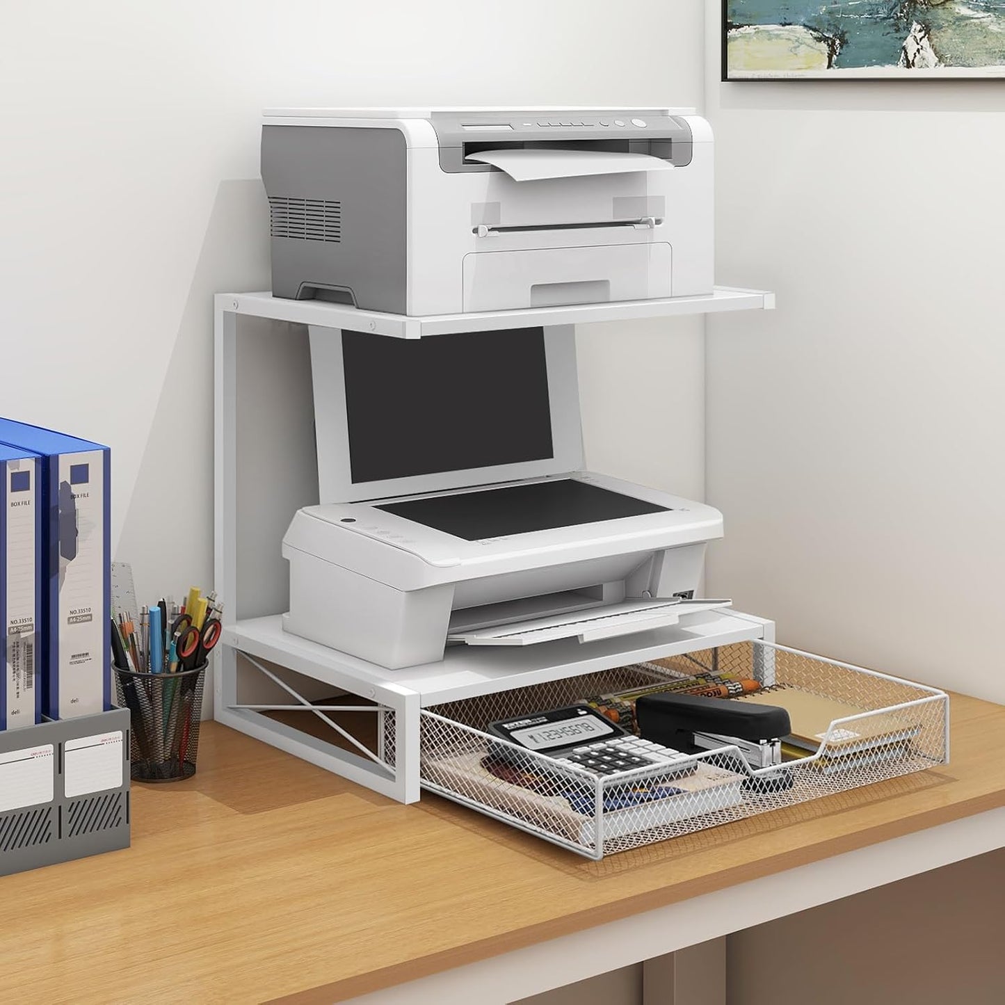ELITEROO Printer Stand for Desk with Storage Drawer, 2 Tier Desk Shelf | Wood Desktop Organizer for Home Office, Fits