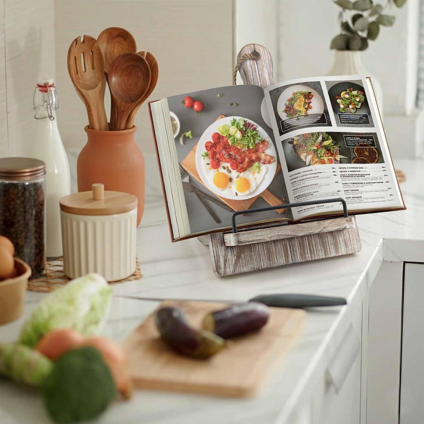 Wood Cookbook Stand Holder: Kitchen Adjustable Cookbook Holder Recipe Stand | for Counter Gray