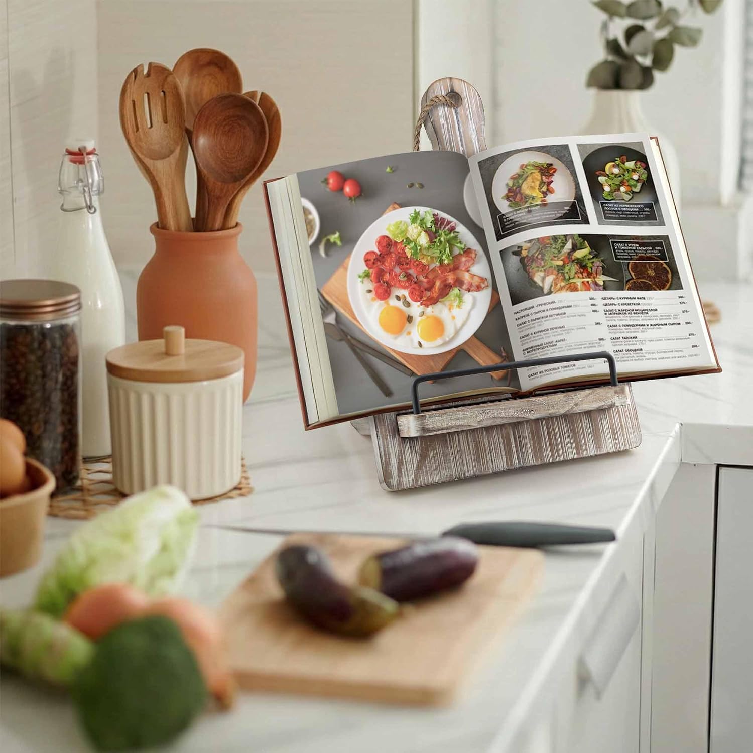 Wood Cookbook Stand Holder: Kitchen Adjustable Cookbook Holder Recipe Stand | for Counter Gray