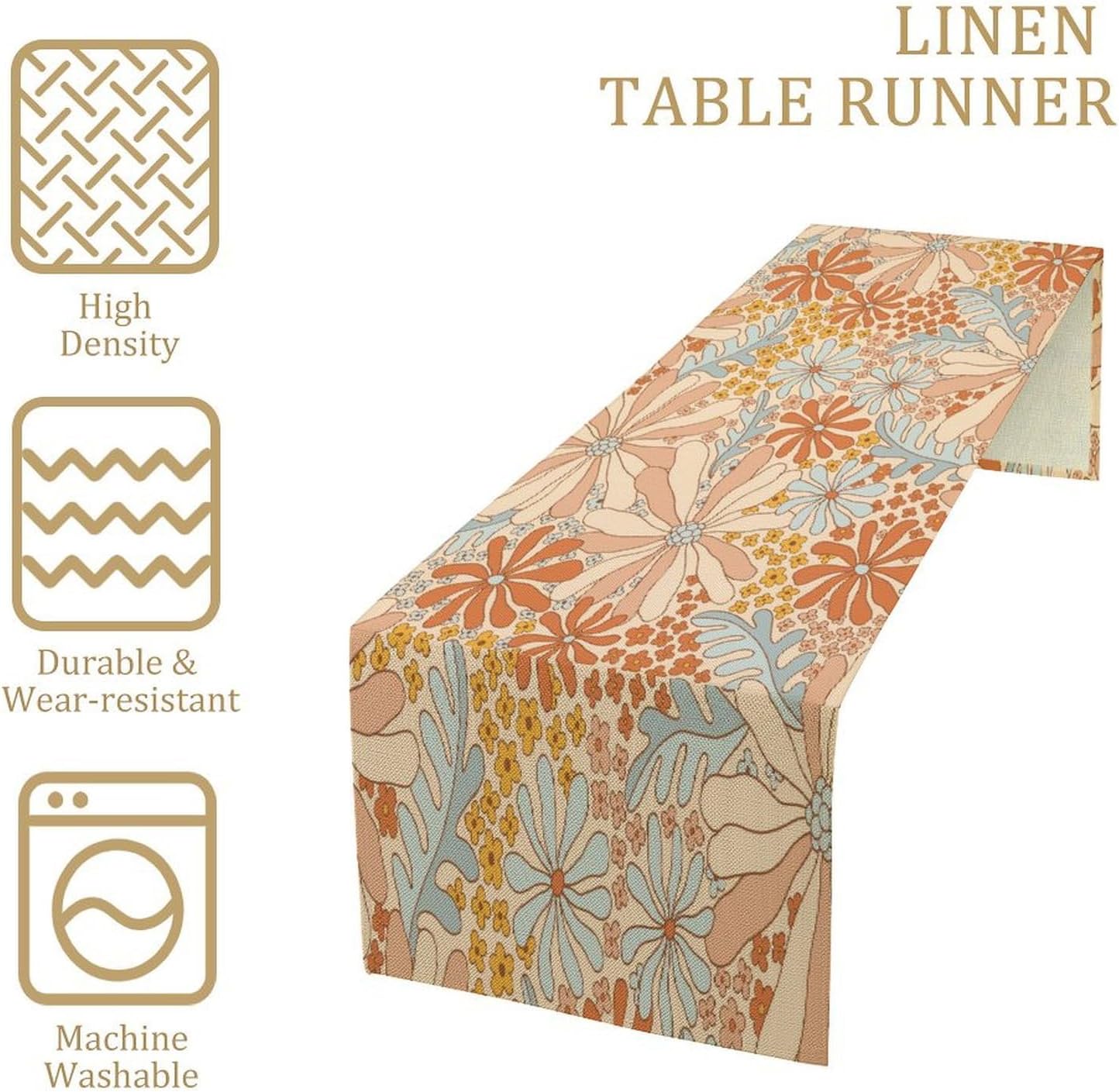 Boho Floral Table Runner Retro 19108s Hippie Summer Groovy Floral Power Printed Linen Table Runner for Home Kitchen