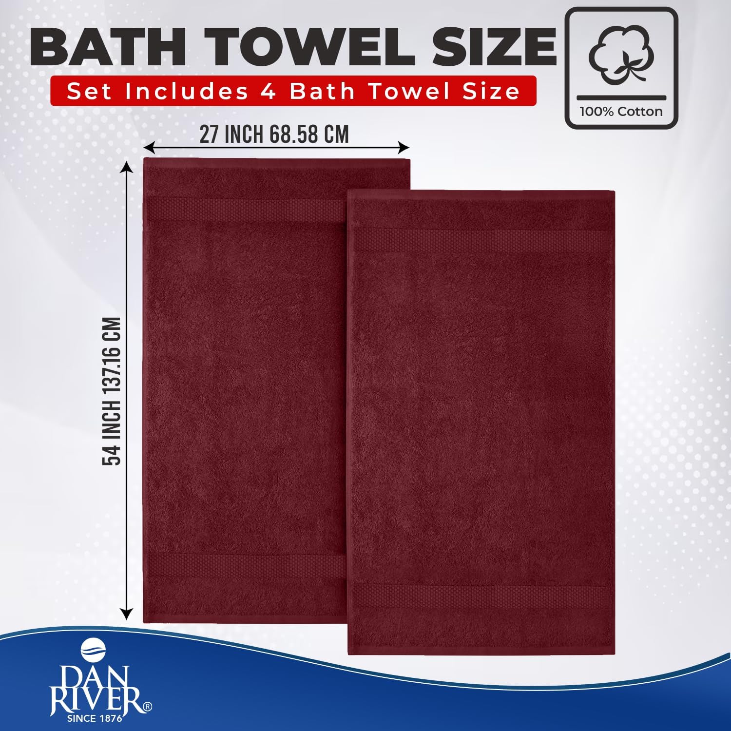 DAN RIVER 600 GSM Cotton Large Bath Towels Set of 4, 27 x 54 Inches | Larger & Lighter Weight Towels for Bathroom