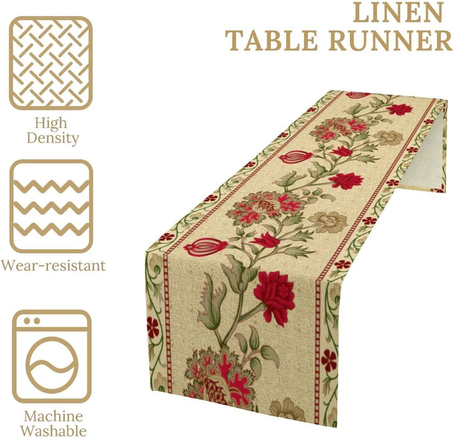 Rustic Floral Table Runner, Ethnic Style Leaf Flower Art Design Patterns Printed Linen Table Runner for Home Kitchen