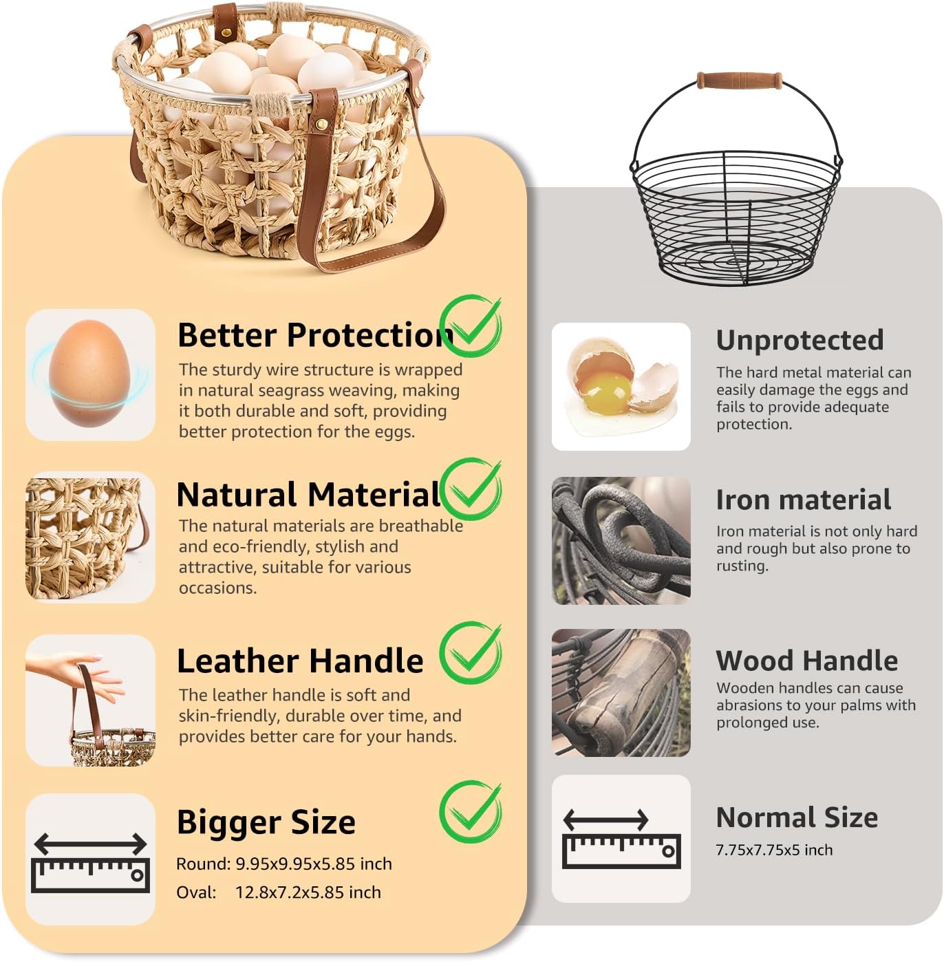 Farmhouse Wicker Egg Basket for Collecting Fresh Eggs / Round-water Hyacinth / Brown