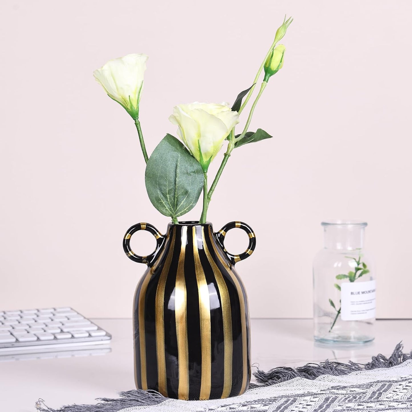 Ceramic Black and Gold Hand-Painted Striped Decorative Vase for Modern Bohemian Pampas / Black Gold