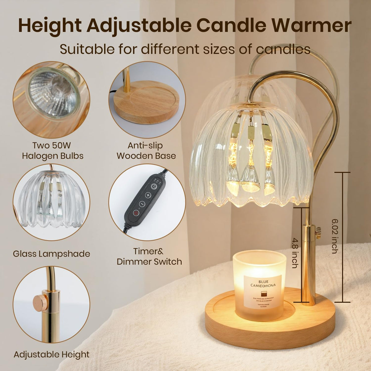 Candle Warmer Lamp with Timer & Dimmer, Height Adjustable Electric Candle Lamp Warmer for Scented Jar Candles with 2