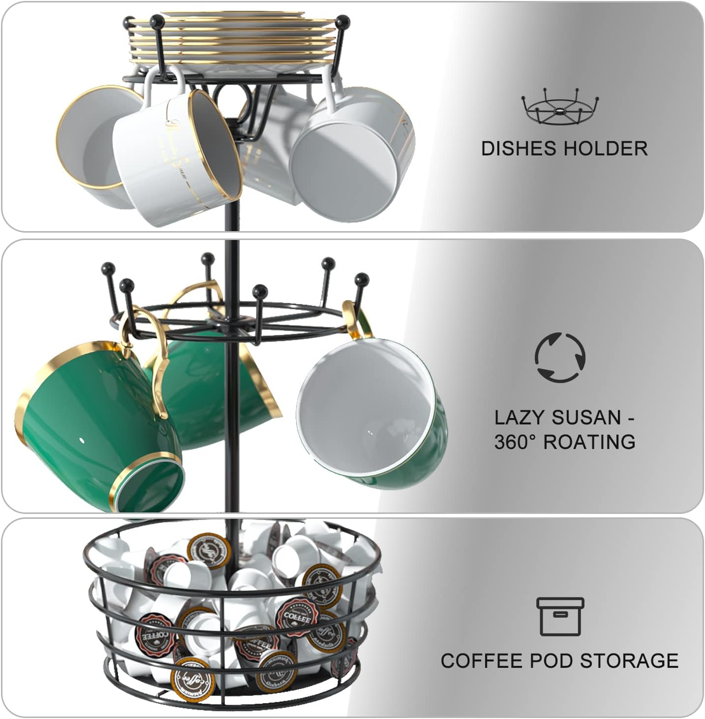 360° Rotating Coffee Mug Holder Tree | 3-Tier Metal Cup Rack with 10 Hooks, Coffee Bar Organizer Decor for Kitchen