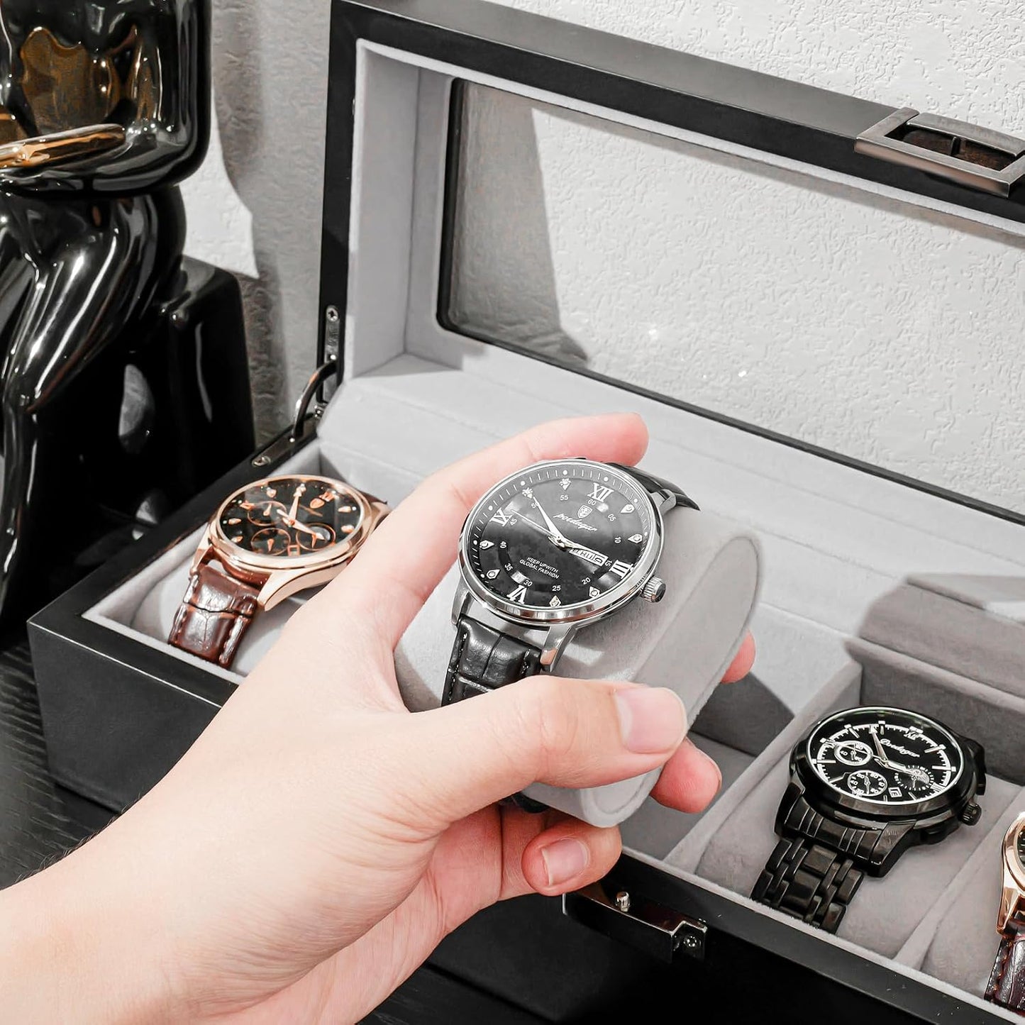 ProCase Wooden Watch Box, 6 Slot Mens Watch Display Case, MatteBlack | Wood Watches Holder Storage Organizer with Clear