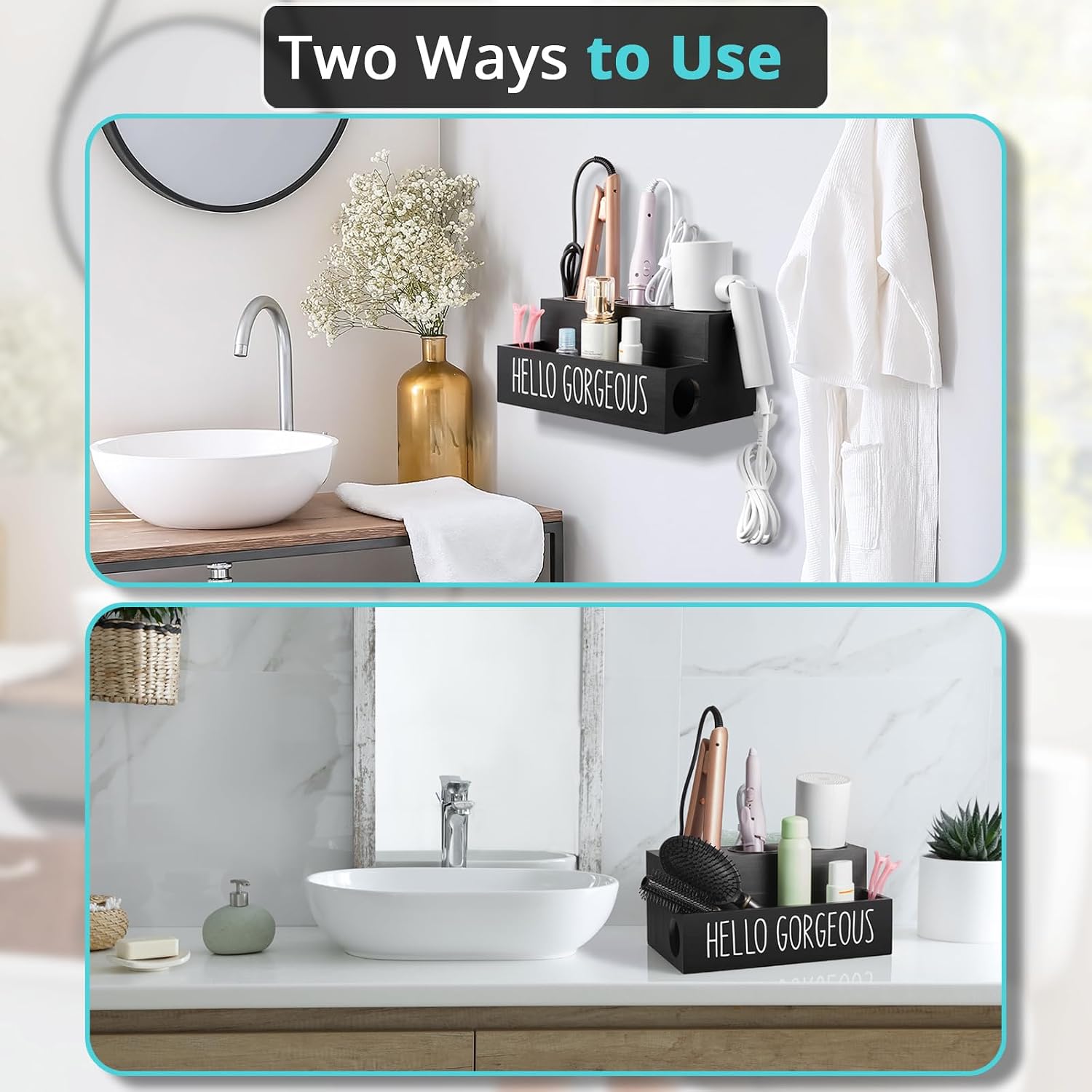 Bivvclaz Hair Tool Organizer, Wooden Hair Dryer Holder Countertop, Wall Mount Hot Tools Organizer for Hair Styling