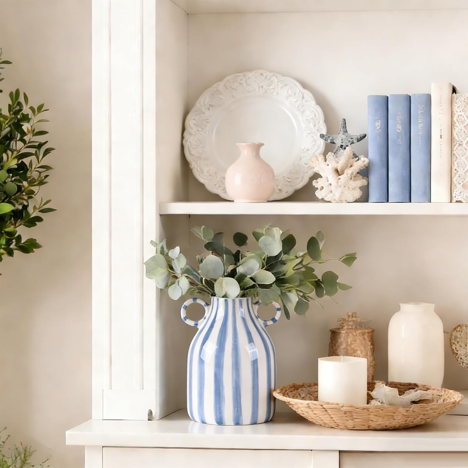 Ceramic Vase / Nordic Boho Small Vases Side Table Flower Centerpiece / Blue and White