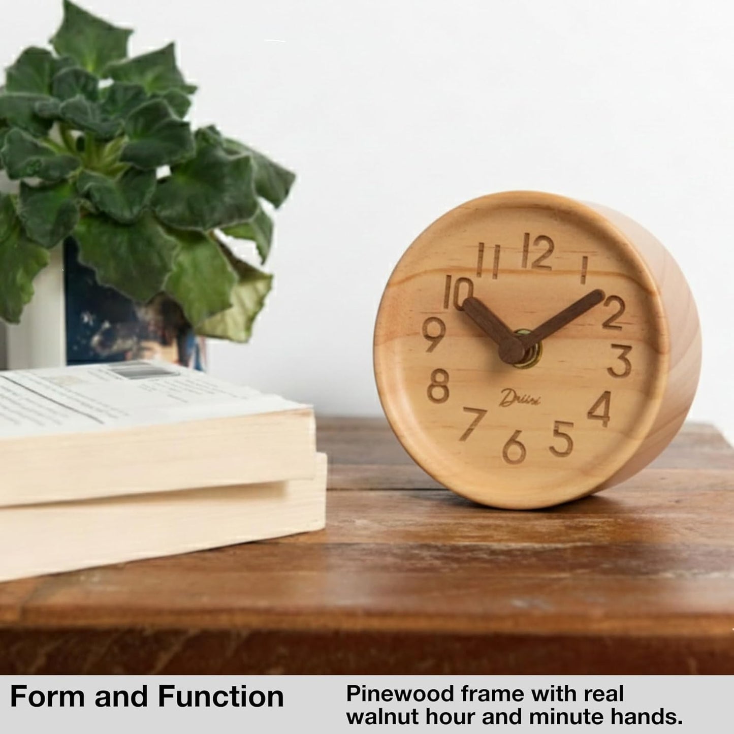 Driini Wooden Analog Desktop Clock – 4.3 in. Decorative Pinewood, No-Tick Design – Easy to Read Silent Sweep Mantle