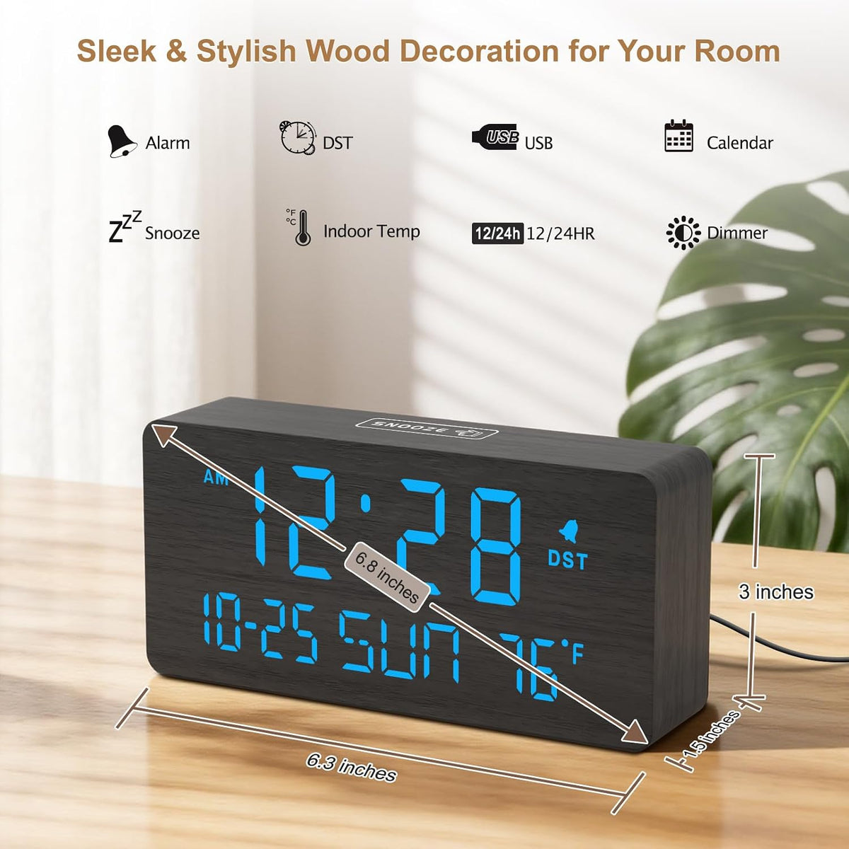 DreamSky Wooden Digital Alarm Clocks for Bedrooms with Date & Day of Week | Living Room Desk Clock, Temperature, USB