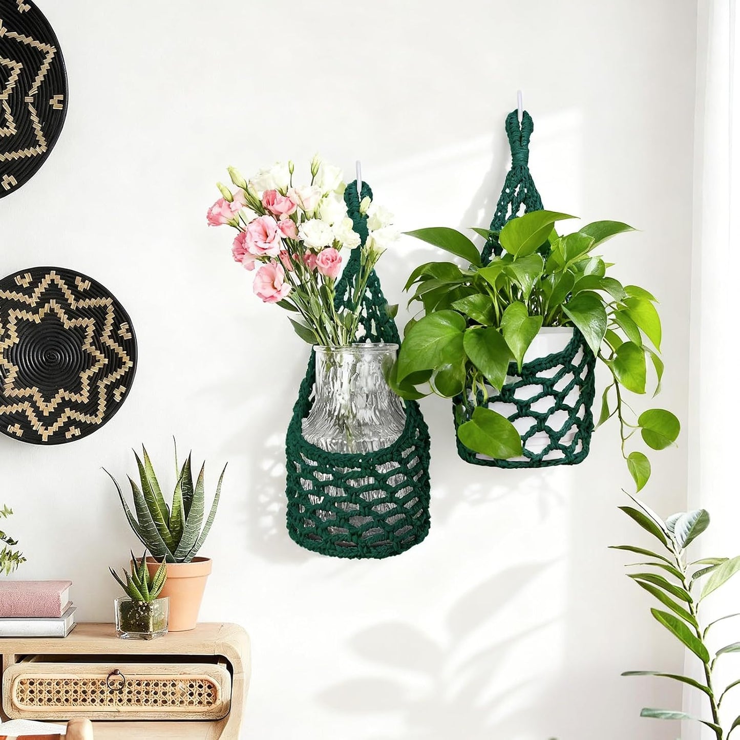 Macrame Wall Plant Hanger / Green / 6-inch / 6 Inch