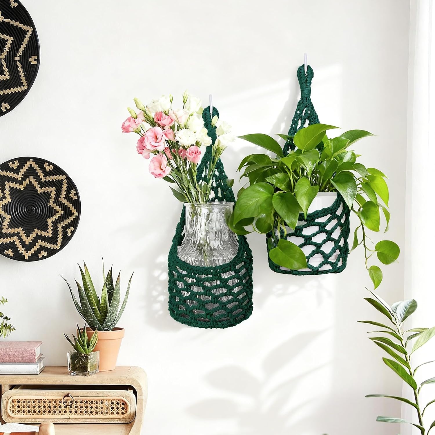 Macrame Wall Plant Hanger / Green / 6-inch / 6 Inch