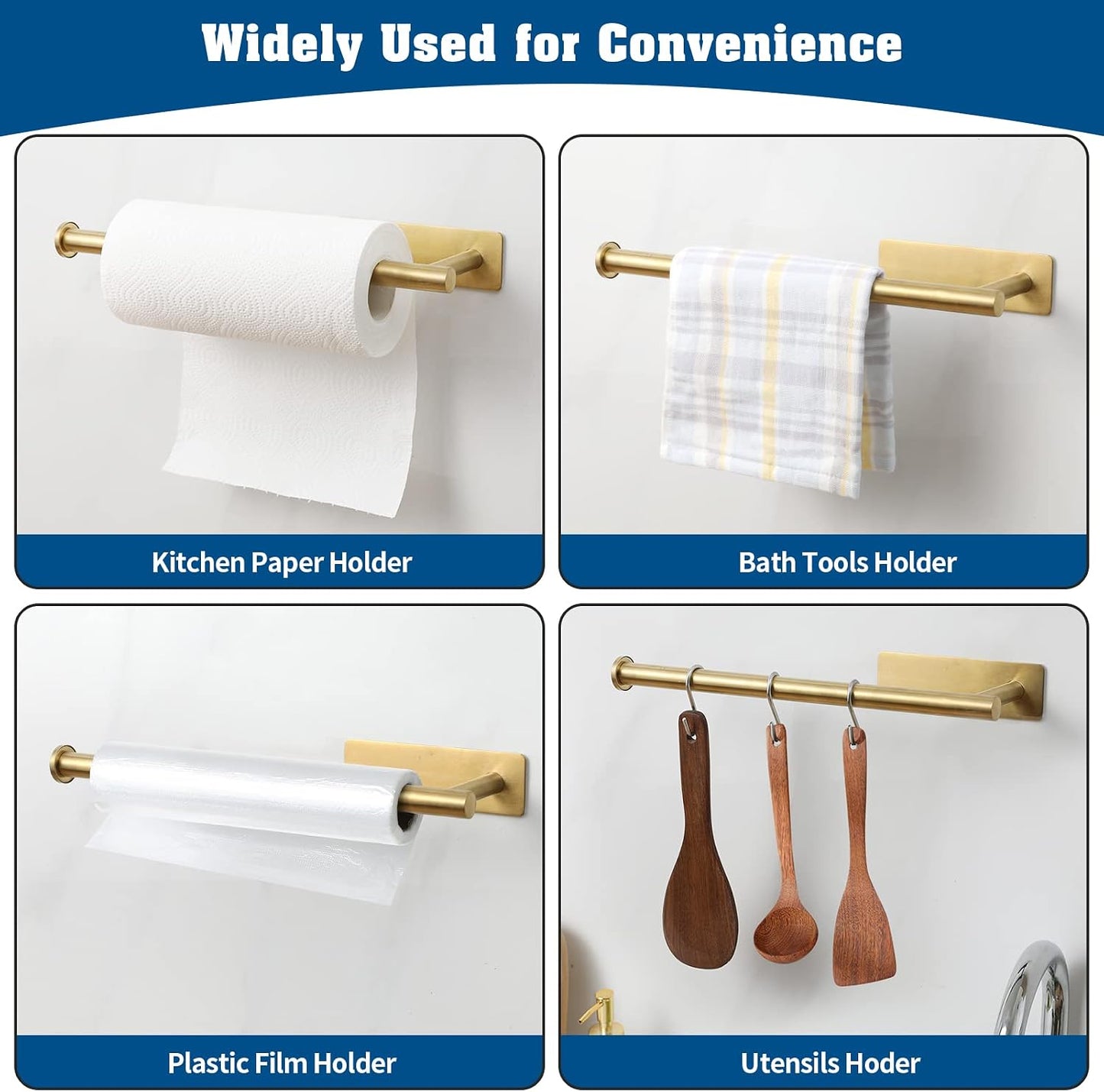 theaoo Under Cabinet Paper Towel Holder for Kitchen, Adhesive, 2 Pack Gold | Self-Adhesive or Screw Mount for Cabinets