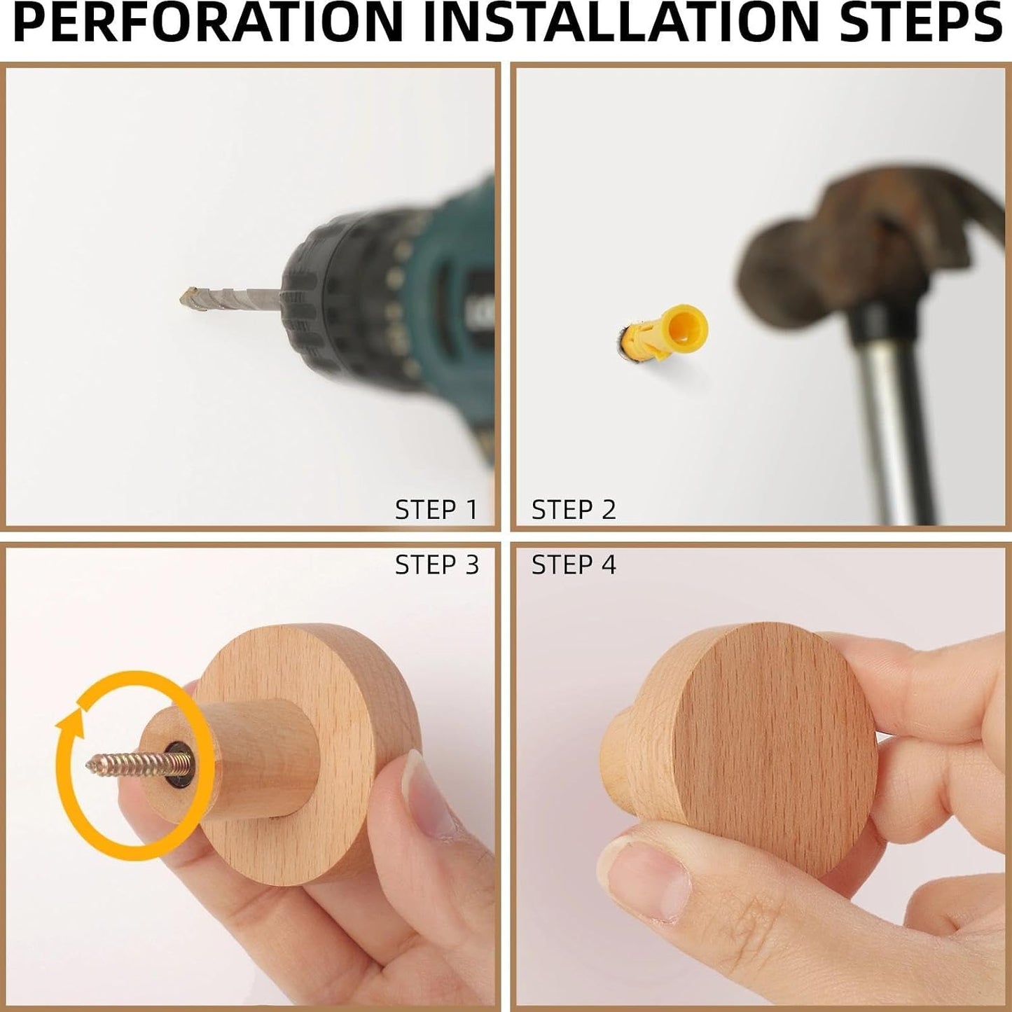 Wood Hooks No Damage Wall Hooks Round Rings Adhesive Hooks Clothes Friendly for Coat Hat / Set of 4