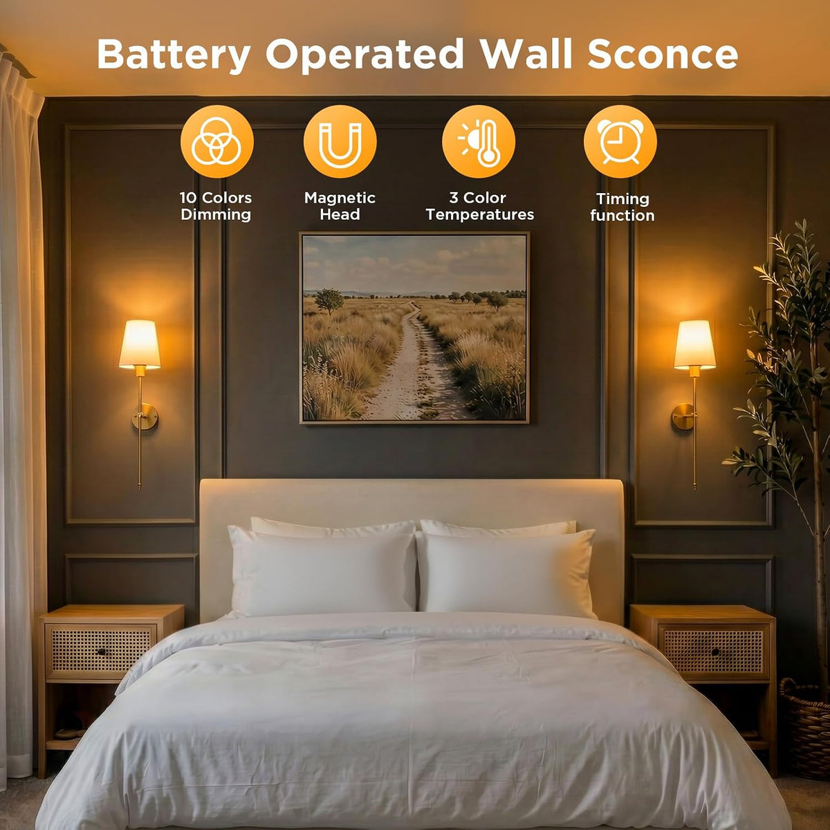 Brightown Battery Operated Wall Sconces Set of Two,Gold Sconces Wall Decor | RGBWW Rechargeable Wall Lights with