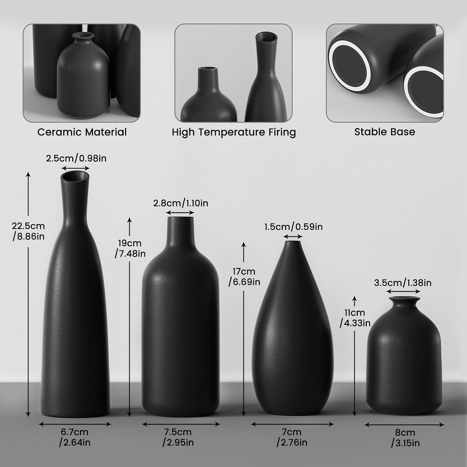 Black Ceramic Vase / Black*4 / Set of 4