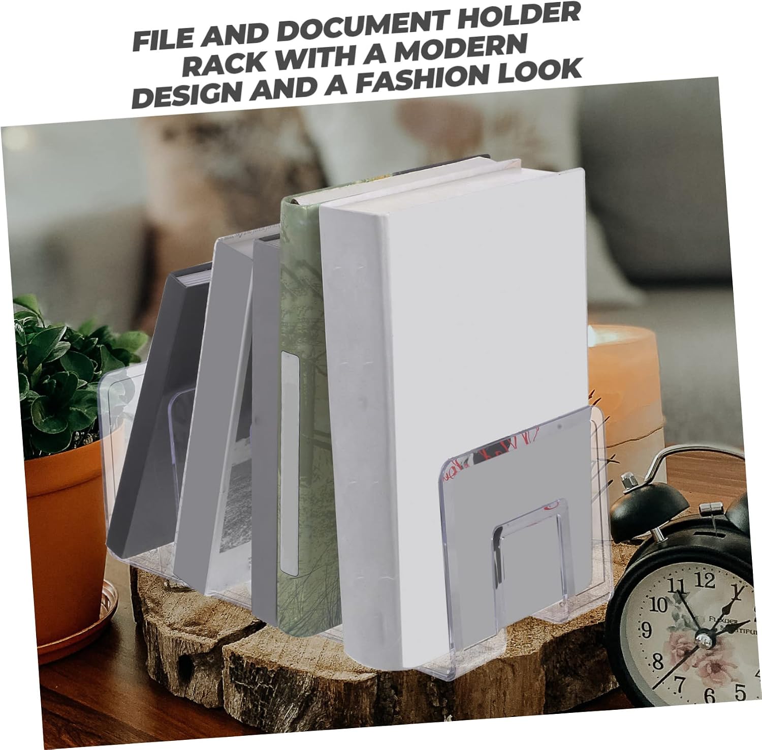 4 Bookends Storage File Boxes Non- Skid Bookend Document Rack Folders for Filing Cabinet / Clear